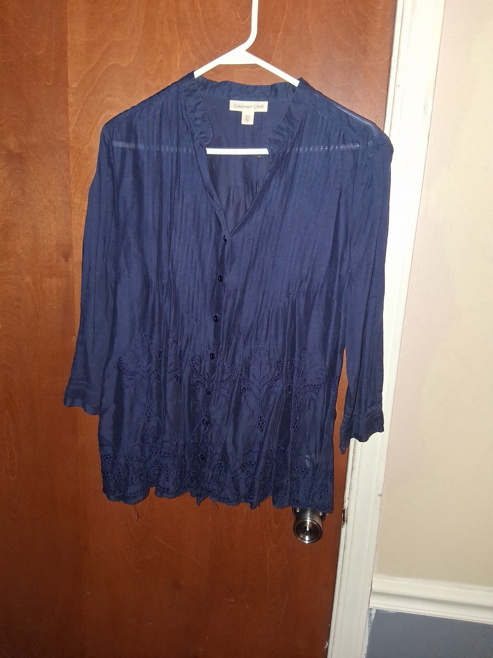 Coldwater Creek Navy Button-Front Embroidered Blouse